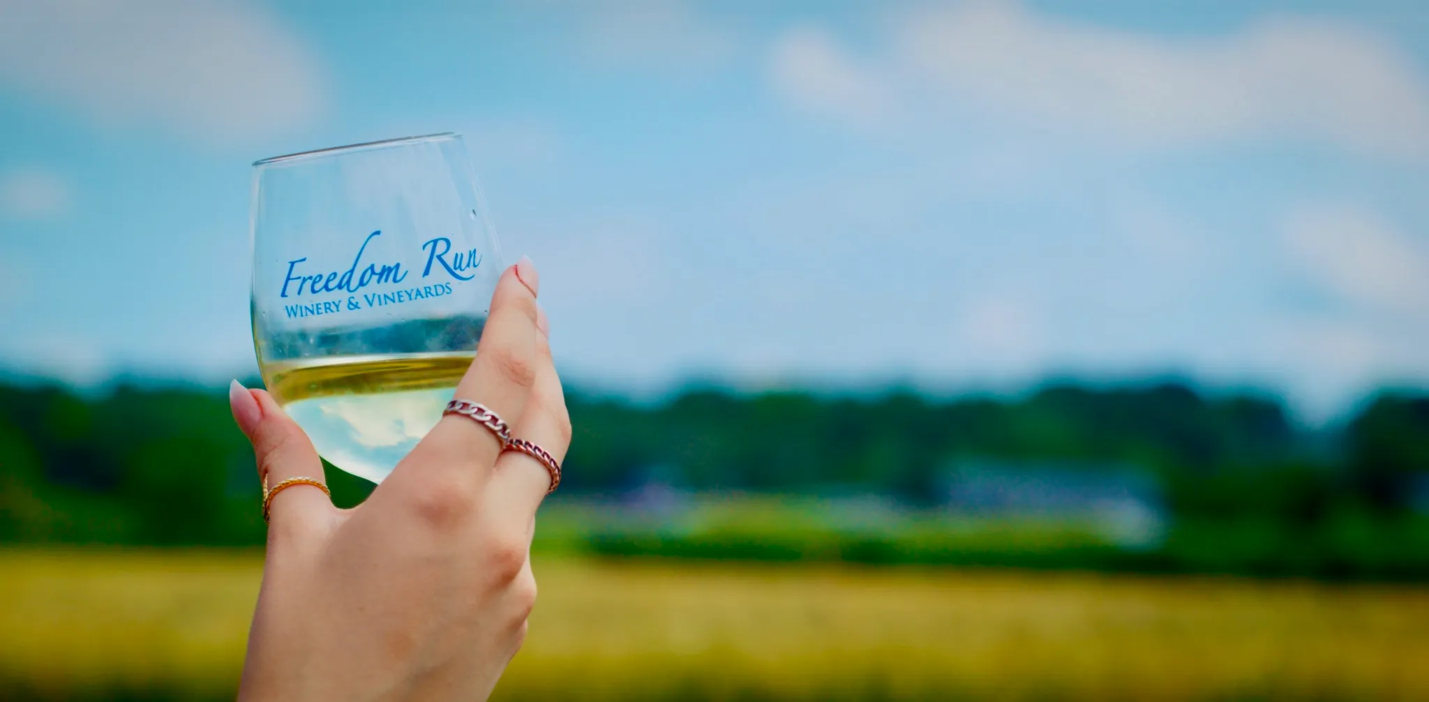 Glass of Freedom Run wine held up in a field